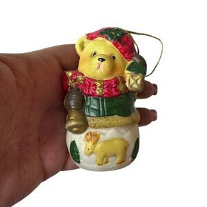 Vintage Ceramic Christmas Bear Ornament With Bell & Lantern